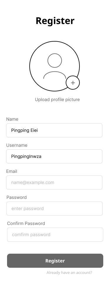Low-fidelity wireframe of the register screen