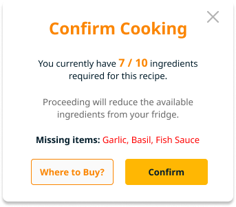 Confirm cooking modal showing 7 of 10 ingredients available and a Where to Buy shortcut