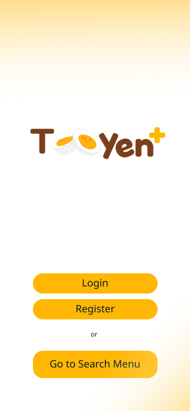 TooYen+ landing screen with logo and login/register buttons