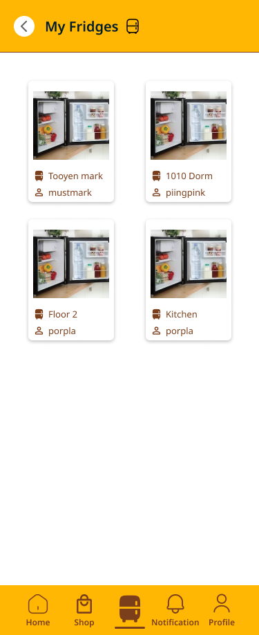 My Fridges screen showing multiple fridges a user belongs to