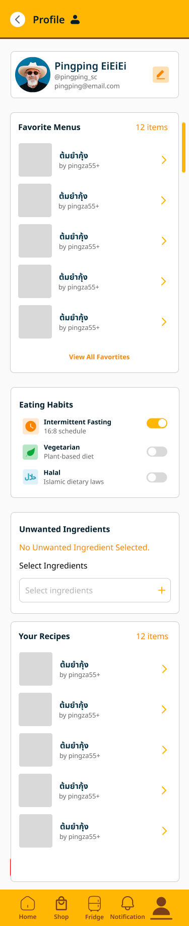 Profile screen with favorite menus, dietary toggles for Intermittent Fasting, Halal, and Vegetarian, and unwanted ingredients