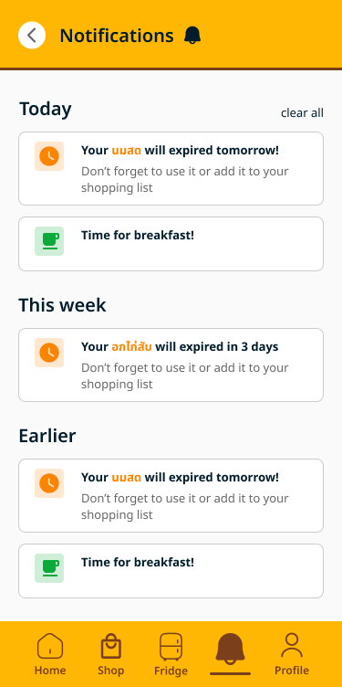 Notifications screen with expiration alerts and meal reminders grouped by Today, This Week, and Earlier